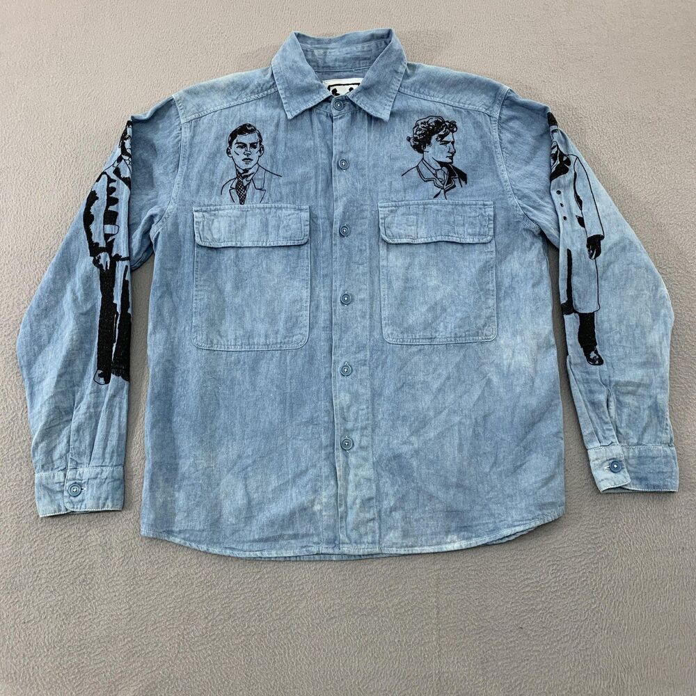 Samuel Zelig Shirt Mens Medium Blue Denim Embroidered Portraits Chambray VTG